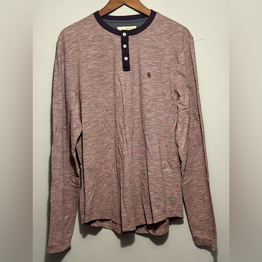Men’s Original Penguin Long-Sleeve Henley Maroon w/Blue Accent Size:Large
